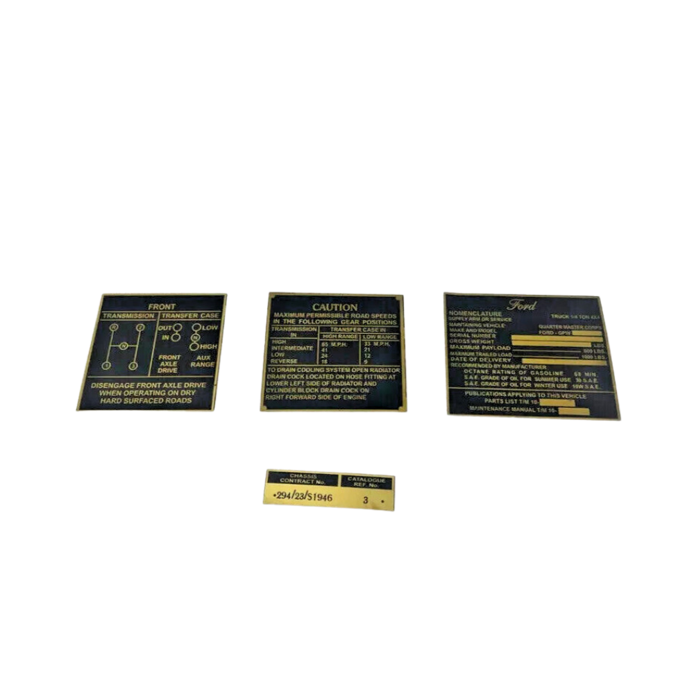 Fits Ford MB GPW Jeeps Nomenclature Transmission Chassis Speed Data Plate Kit